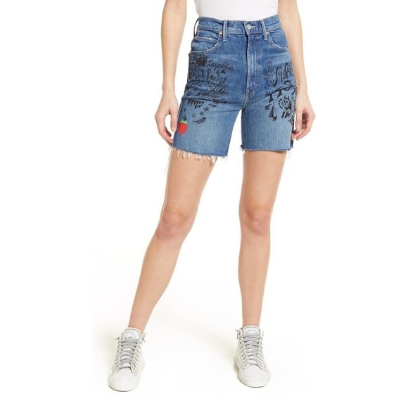 Mother Women's Blue Smokin' Short High-Waist Frayed Cut-Off Shorts Size 24 NWT